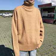 尡韻國潮高領(lǐng)毛衣男韓國秋冬款長領(lǐng)復(fù)古寬松內(nèi)搭打底衫帥氣粗毛線針織 卡其色 M