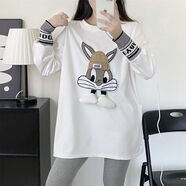 耿銳女裝卡通長袖T恤女2025春秋新款韓版百搭加厚寬松中長款體恤上衣 白色加絨加厚 M_80-100斤
