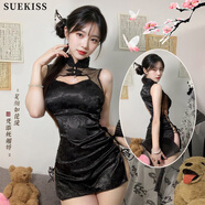 SUEKISS 情趣內衣 女極污度誘惑后媽裙透視裝系帶開(kāi)衩誘惑鏤空復古國風(fēng)旗袍綁帶露背睡裙情趣用品戰袍 6540黑