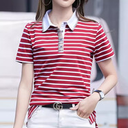 韓依索絲女裝條紋t恤短袖衣服新款半袖翻領(lǐng)polo衫夏裝t恤衫修身顯瘦上衣女 棗紅條紋 M