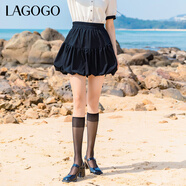lagogo小黑裙半身裙女拉谷谷春夏新款高腰顯瘦黑色氣質(zhì)燈籠裙短裙 黑色(W1) L 165/40