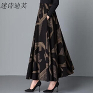 半身裙秋冬 中長款 毛呢印花時尚新款新款秋冬長裙中長款半身裙保暖高腰A字裙舞裙顯瘦大擺裙女裙 黃色 M