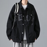 迪伽達(dá)美式牛仔外套男時(shí)尚新款潮牌復(fù)古港風(fēng)工裝休閑寬松痞帥重磅夾克男 CXPF-3788黑色 常規(guī) L 【80-100斤】