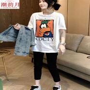 潮韻月搭配鯊魚褲的上衣夏季棉短袖內(nèi)搭打底衫白色t恤女 白色 S 80-95斤