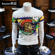 帛延（boyan） 歐貨原創(chuàng  )潮牌秋季新款長(cháng)袖t恤男修身圓領(lǐng)士兵印花潮流修身打底衫 白色 M