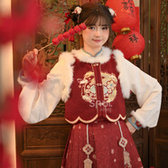 森女部落東方簡奢風(fēng)毛呢馬甲新中式過年款三件套紅色氛圍感喜慶時尚套裝 紅色馬甲（祥龍瑞兔刺繡版單件）（單件） L