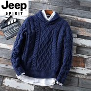 JEEP SPIRIT男裝歐貨男士半高領(lǐng)麻花毛衣男棒針毛衫加厚粗線青果領(lǐng)打底衫 藏青色 XL 170-190斤