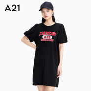 A21女裝時(shí)尚夏季新款圓領(lǐng)直筒休閑運(yùn)動(dòng)短裙泡泡短袖街頭風(fēng)連衣裙女 黑色 M