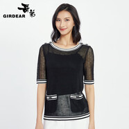 哥弟（GIRDEAR）女裝鏤空圓領(lǐng)口袋短袖針織衫女1399370 黑 S(2碼)