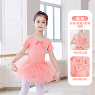 艾舞戈兒童舞蹈服連體服女童芭蕾舞裙小女孩練功跳舞紗裙中國舞演出服 V型亮片蝴蝶款-藕粉短袖 140 碼 身高120-130cm體重48-58斤