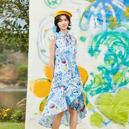 非魚(yú)非魚(yú)原創(chuàng  )設計無(wú)袖印花連衣裙2024夏季新款前短后長(cháng)裙子氣質(zhì)背心裙 淺藍 M