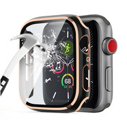 LAZYODD適用蘋果手表保護殼 Apple watchS9//s8/7/se/6/5殼膜一體保護套iwatchS10保護套帶屏幕防摔防撞殼 黒色+玫瑰金邊【殼膜一體】 【 44MM】4/5/6代se