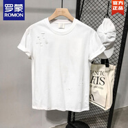 羅蒙（ROMON）2025夏季潮流破洞短袖T恤男日系休閑純色半袖體恤男帥氣打底上衣 白色 M
