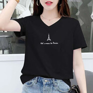 登森奧奧純棉短袖t恤女2024春夏女裝新款韓版寬松V領(lǐng)T恤休閑印花上衣 黑色V領(lǐng)-鐵塔 3XL 建議135-150斤