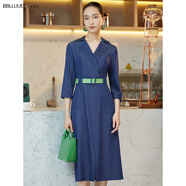 粉藍衣櫥復古通勤撞色設計牛仔裙女秋新款七分袖風(fēng)衣式連衣裙533L256 牛仔藍 S