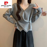 皮爾卡丹（pierre cardin）春季安哥紅V領(lǐng)長袖針織開衫大碼女裝胖mm新年紅色不規(guī)則毛衣上衣 灰色上衣【炸街鹽系輕熟/法式感/小香風(fēng)/茶里茶氣/ M 【80-100斤】