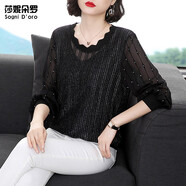 莎妮朵羅大碼女裝T恤女秋裝新款寬松胖女人遮肚子蕾絲上衣16765 黑色-預售7天發(fā)貨 4XL建議160-180斤穿著(zhù)
