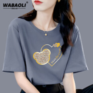 WABAOLI高端品牌 夏季寬松t恤女裝2025流行新款小熊愛(ài)心印花體恤上衣百搭 灰藍(lán)色 XL （建議身高120-130斤）