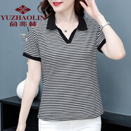 俞兆林 媽媽裝短袖t恤女polo衫夏季2023新款條紋短款寬松時尚夏體恤上衣 黑白條 M (推薦80-95斤)