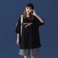 索賓馳（SUOBINCHI）短袖女t恤21夏季寬松潮牌ins休閑印花女生體恤衫個(gè)性彩虹印花情侶半袖衫 黑色 S