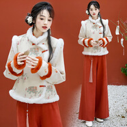 景華年秋冬新中式女漢服國風(fēng)旗袍復古鹿皮絨上衣闊腿褲茶藝服全套裝馬甲 黑色T恤+深藍長(cháng)褲 M