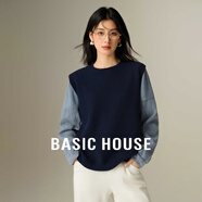 Basic House/百家好針織牛仔拼接針織衫女秋冬簡(jiǎn)約時(shí)尚休閑百搭套頭毛衣格雷 藏青 S 85-115斤 卡碼拍大
