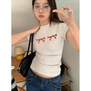 風(fēng)采兔 小眾刺繡蝴蝶結(jié)上衣女裝夏季白色短袖T恤短款修身百搭打底衫 灰色 M