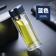 富光（Fuguang）玻璃杯男女茶杯雙層加厚高硼硅耐熱防爆透明茶水分離泡茶杯子 藍色300ml【304不銹鋼內(nèi)蓋/刻字/