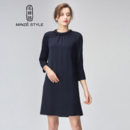 名師路時(shí)尚雪紡裙連衣裙中長(cháng)款春秋裝純色釘珠立領(lǐng)長(cháng)袖冷淡風(fēng)寬松大擺裙 深藍色56 M