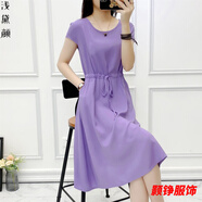 事思衣服女夏天的裙子時尚有口袋小個子純色棉綢連衣裙夏季時尚外穿顯 紫色 有口袋 2XL 建議125-135斤