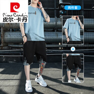 皮爾卡丹（pierre cardin）短袖T恤男士休閑套裝夏季潮牌冰絲半截袖t體恤短褲寬松衣服男套裝 21019+2099淺藍色套裝 XL