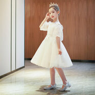 小咔衣濃兒童禮服女童洋氣蓬蓬紗公主裙花童婚紗裙主持人鋼琴演出服春夏季 白色短款公主裙 110