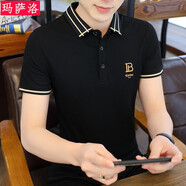 瑪薩洛夏季潮流半袖翻領男裝體恤POLO打底衫2023新款帶領短袖男T恤衣服 717黑色 M