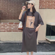 楠語(yǔ)秋原宿休閑風(fēng)七分袖掛脖型子春夏寬松遮肚長(cháng)款過(guò)膝懶人連衣裙 9340-深灰 ，實(shí)拍 M 80斤到110斤穿