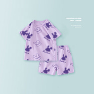 迪迪熊日記（DIDIXIONGRIJI）寶寶短袖套裝夏兒童裝男嬰兒純棉衣服T恤女童短褲薄款夏裝學(xué)院風(fēng) 短袖套裝 紫色兔頭 90 cm(24M)
