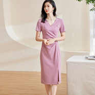 米思陽(yáng)（missshine）2025夏季新款優(yōu)雅知性修身連衣裙層次感捏褶顯瘦中長(cháng)裙1665 粉紫色現貨直發(fā) 2XL