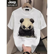 JEEP SPIRIT吉普加肥加大碼300斤國(guó)潮熊貓創(chuàng)意國(guó)潮動(dòng)畫(huà)印花男士半袖T恤男裝 白色 2XL 建議150-175斤
