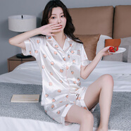 浪莎（LangSha）新款年新款女款睡衣套裝清新甜美夏季薄款短袖短褲冰絲綢緞家居服 SCX淡底山桃--雙短 XL (120-135)斤