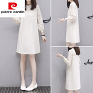 皮爾卡丹（pierre cardin）歐洲站2025秋裝新款胖m蕾絲拼接A字裙大尺碼長袖直筒黑色連衣裙女 米色連衣裙 L