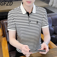GFZD輕奢高端男裝 夏季條紋T恤男商務(wù)刺繡百搭修身polo領(lǐng)短袖體恤上衣 553米白色 M 建議90-105斤可穿