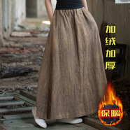 苧麻扎染新中式24春夏棉麻女裝新款松緊腰長款百搭文藝寬松半身裙 茶棕（加絨加厚） 均碼