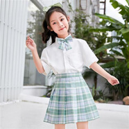 界方1-14歲洋氣小孩夏天穿的春秋女童套裝秋季兒童百褶格裙小學(xué)生中大童短裙子jk服六一表演服 尖領(lǐng)短袖+薄荷綠格子裙+領(lǐng)花 110cm