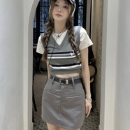 junfangya學(xué)院風(fēng)減齡套裝女夏季V領(lǐng)條紋假兩件拼接上衣休閑西裝短裙兩件套 灰色上衣+西裝短裙(腰帶) 兩件 S 80-90斤