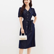 2025 新款通勤高端精致娃娃領(lǐng)短袖收腰法式連衣裙 暗青紫 L