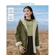 茵曼（INMAN）防風(fēng)工裝風(fēng)短外套秋冬女裝新款加絨毛絨休閑上衣 茶綠色 M