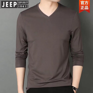JEEP SPIRITV領(lǐng)桑蠶絲長(zhǎng)袖t恤男莫代爾男裝春秋季雞心領(lǐng)體恤純色內(nèi)搭打底衫潮 V領(lǐng) 棕色 180/XL