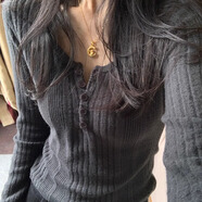 妙奕嘉長(cháng)袖上衣女秋季新款長(cháng)袖t恤女修身內搭低領(lǐng)打底衫可外穿顯瘦衣服 坑條半開(kāi)扣長(cháng)袖T恤【深灰色】 M 【建議95-110斤卡碼拍大】