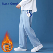 NASA GOOD加絨牛仔褲男舒適寬松直筒男褲港風(fēng)休閑長(zhǎng)褲子男 淺藍(lán)加絨 L