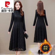皮爾卡丹（pierre cardin）高端蕾絲長(cháng)袖連衣裙女冬季2025新款秋冬配大I衣加絨加厚打底長(cháng)裙 黑色(全身加絨) L 100斤110斤左右