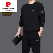 皮爾卡丹（pierre cardin）春秋冬休閑運動套裝男士圓領(lǐng)衛(wèi)衣純棉兩件套中年大碼男裝 黑色束口 春秋款 5XL 200-220斤